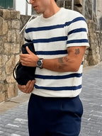 New Summer Fashion Trend: Stylish, Versatile, and Comfortable Men's Knitted Pullover. Casual Business Style Striped Contrast Color Crew Neck Men's Knitted Short Sleeve. Suitable for Work, School, Vacation, and Commuting Outfits - White
