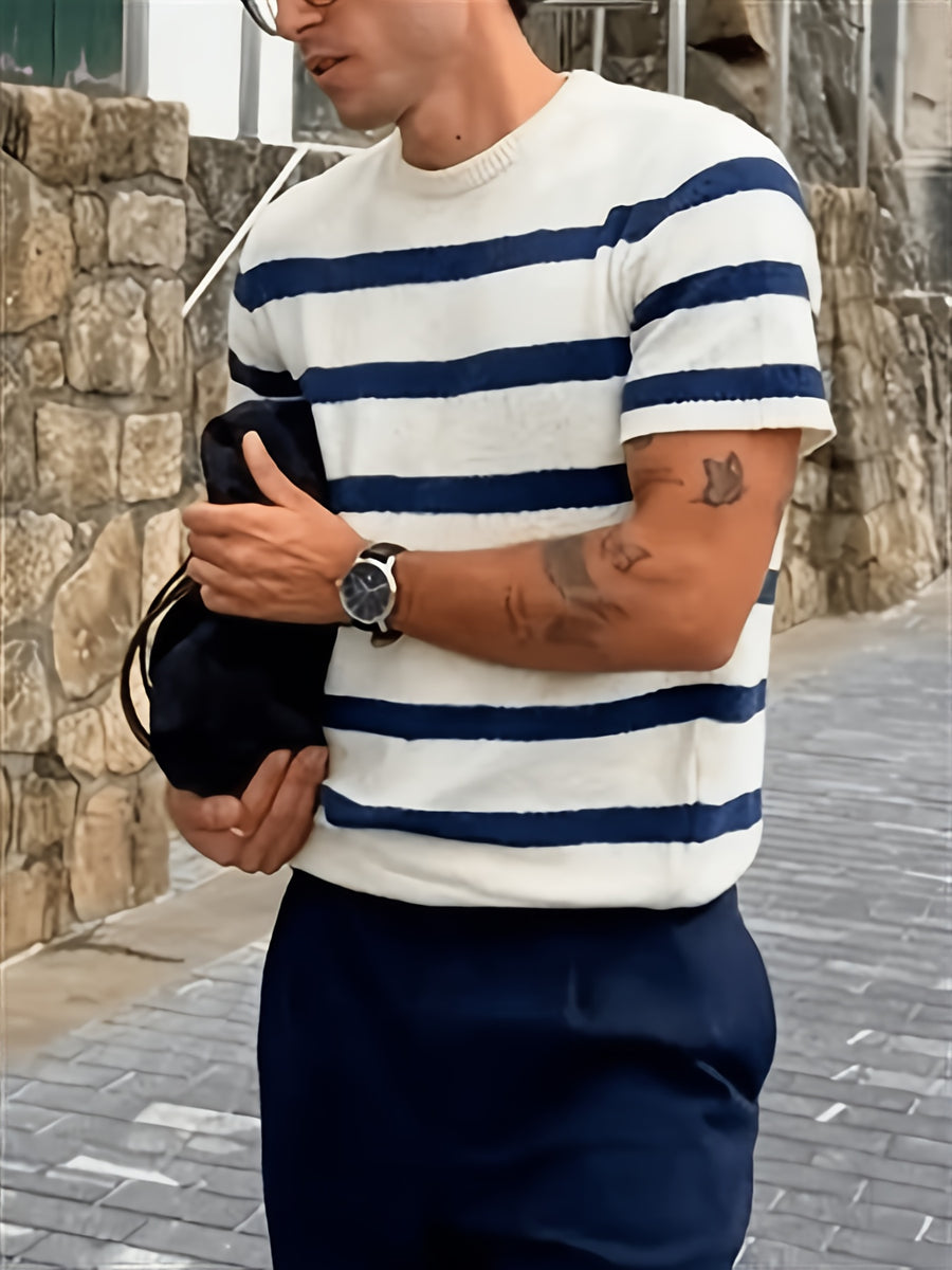 New Summer Fashion Trend: Stylish, Versatile, and Comfortable Men's Knitted Pullover. Casual Business Style Striped Contrast Color Crew Neck Men's Knitted Short Sleeve. Suitable for Work, School, Vacation, and Commuting Outfits - White