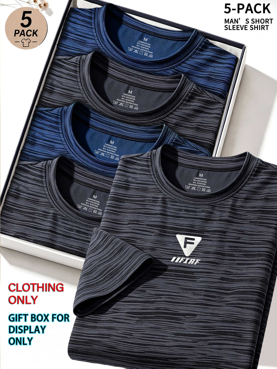 5pcs Men's Sports & Fitness Breathable Quick-Dry T-Shirts, Outdoor Travel Casual Running Printed Short-Sleeve Tees, Easy to Clean and Maintain, Lightweight T-Shirts for Daily Leisure and Gatherings, Classic Crew Neck Shirts - Dark Gray + Dark Blue + Dark Gray + Dark Blue + Dark Gray