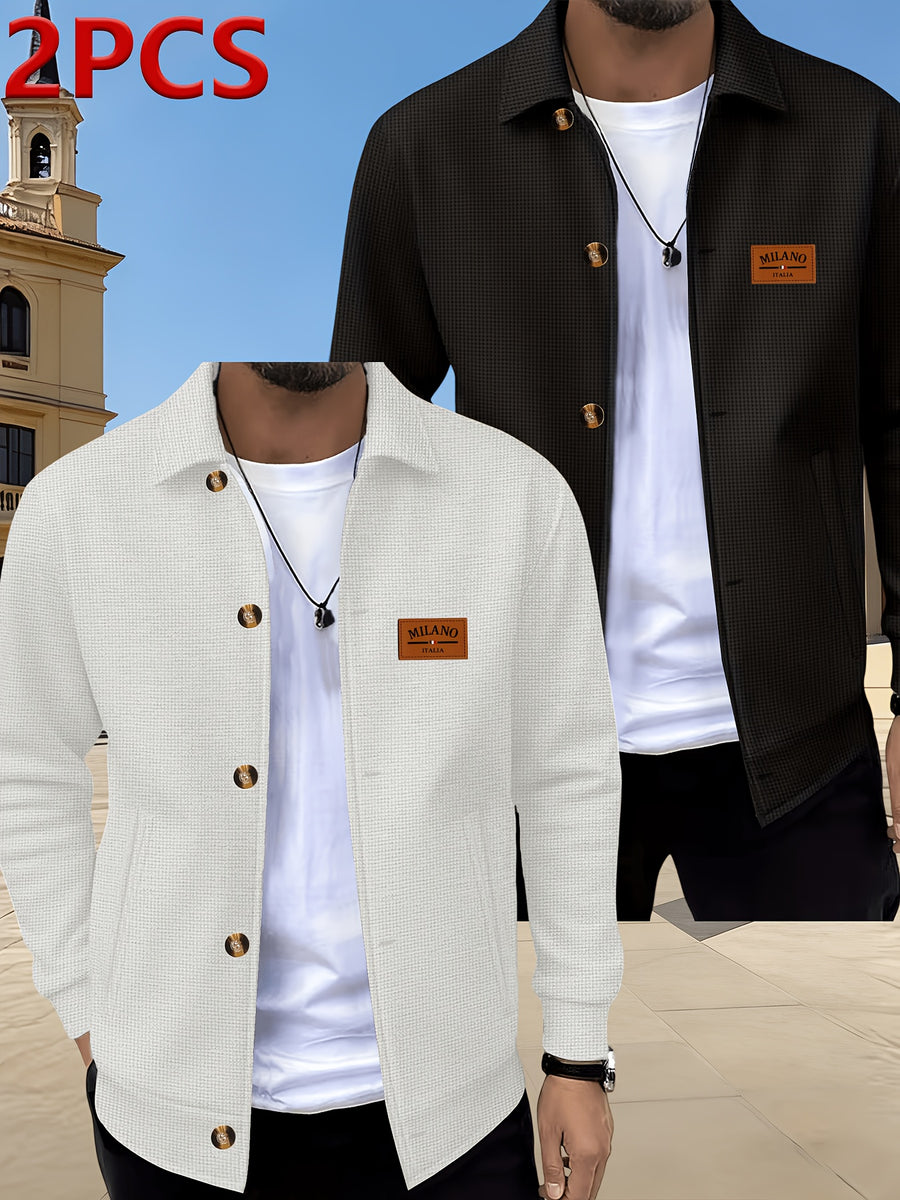 Men's 2pcs Waffle Knit Lapel Jacket, American Light Mature Casual Style, Two-Tone Textured Fabric, Vintage Amber Button Placket, Side Slant Pockets, Versatile Outerwear for Young and Middle-Aged Men for Commuting, Shopping, Outdoor Outings, and Daily - White+black