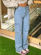 Women's High-Waisted Wide-Leg Cargo Jeans Pants - Light Blue Workwear with Multiple Utility Pockets, Belt Loops & Straight-Leg Fit (No Tapered Ankle) - Spring/Summer Denim Trousers for Casual & Professional Outfits - Light Blue