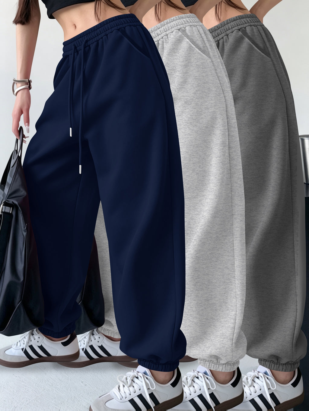 3pcs Set Halloween Casual Long Pants Elastic Waistband Pants, Warm Elastic Waistband Casual Trousers for Women's Outerwear in Fall/Winter - Blue+Gray+Dark Gray