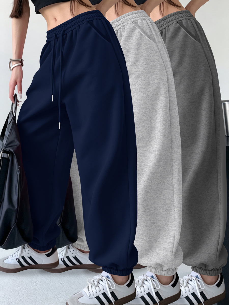 3pcs Set Halloween Casual Long Pants Elastic Waistband Pants, Warm Elastic Waistband Casual Trousers for Women's Outerwear in Fall/Winter - Blue+Gray+Dark Gray