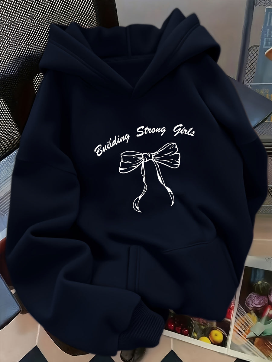Women's Oversized Hooded Sweatshirt with Bow & Letter ' Print - Cozy Loose-Fit Sweater, Medium-Stretch Fabric, Machine Washable, Spring/Autumn Casual Wear (Year-Round) - Bow & Letter ' Design for Layering, Loose Sweater - Navy Color