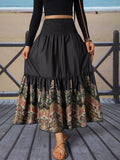 Flower Print Gathered Maxi Skirt - Black