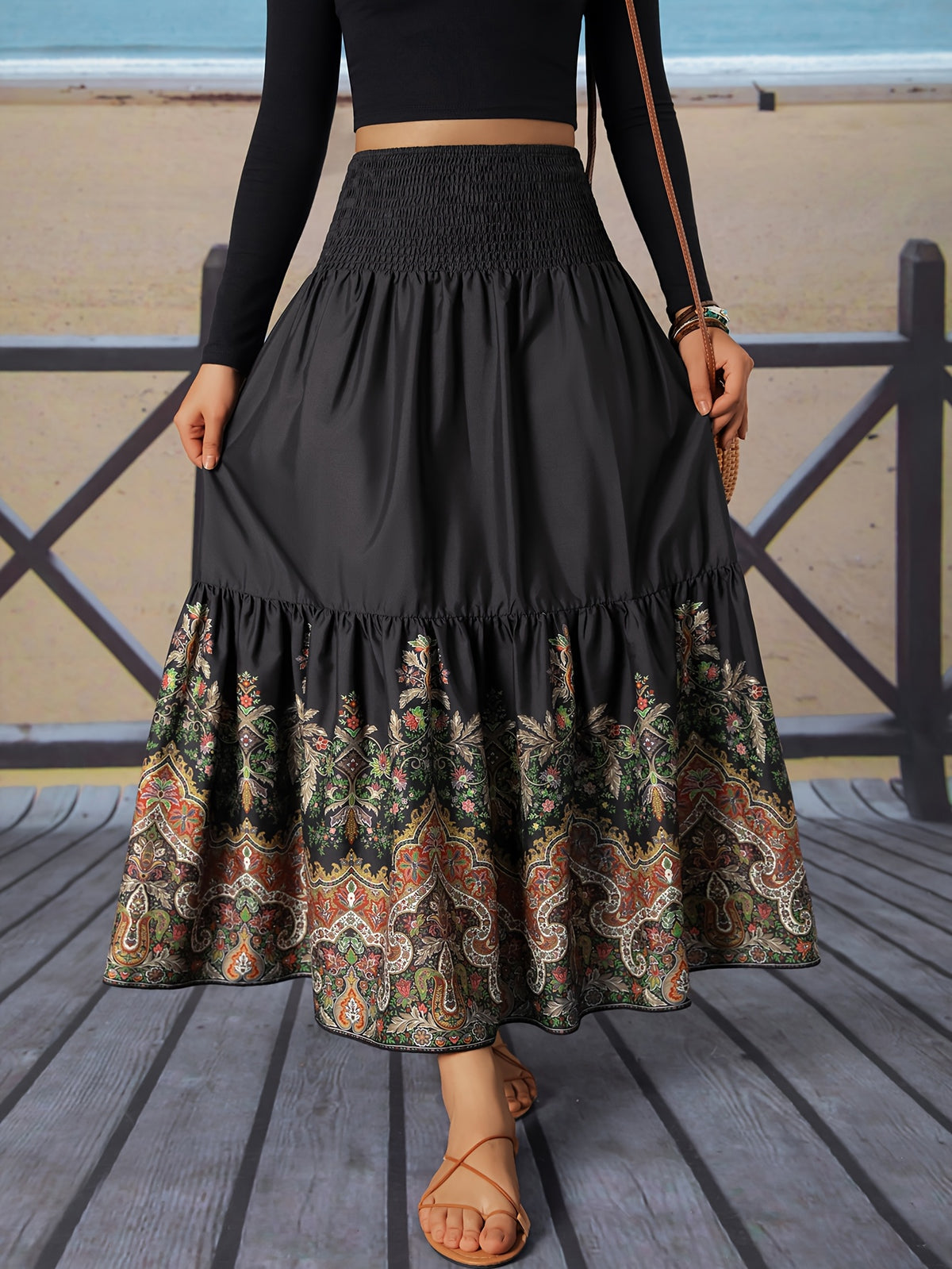 Flower Print Gathered Maxi Skirt - Black