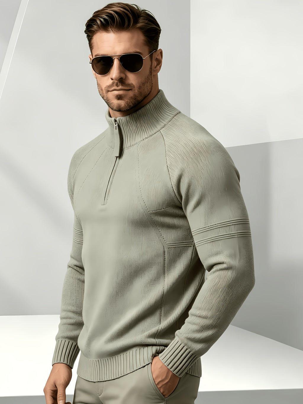 Business-casual Men's Half-zip Knit Pullover, Raglan Sleeve Textured Fabric with Ribbed Cuffs, Loose-fit Sweater, Suitable for Daily Wear, Office, and Weekend Outings in Autumn and Winter - Dark Khaki