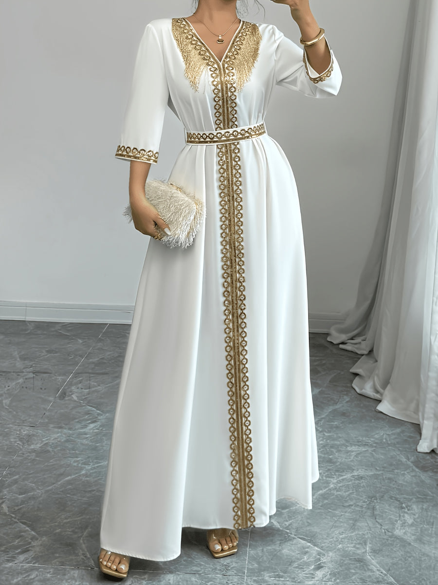2026 New Abaya Robe Style Kimono Sleeve Long Dress V-Neck Caftan Robe Wrap Style Front Panel High Waist Empire Line Floor Length Dress Golden Lace Trim Sequined Embroidery Golden Bead Trim Golden Contrast Ruffle Tie Waist Skirt Muslim Fashion Arabic - Off-white