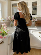 8022 French-Style Sweet and Elegant Women's Solid Color Waist-Cinching Short-Sleeve Dress - Black