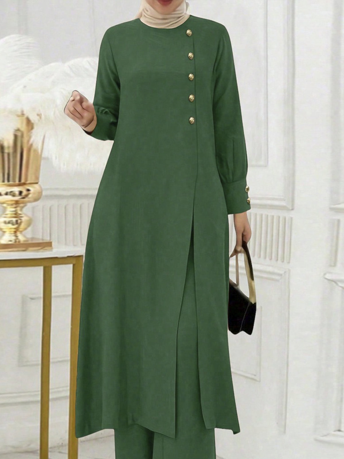 Ramadan, Women's Front-Button Long Sleeve Slit Dress & Pants Casual Arabic Style 2pcs Set, Only Clothes, Without Headscarf - Dark Green