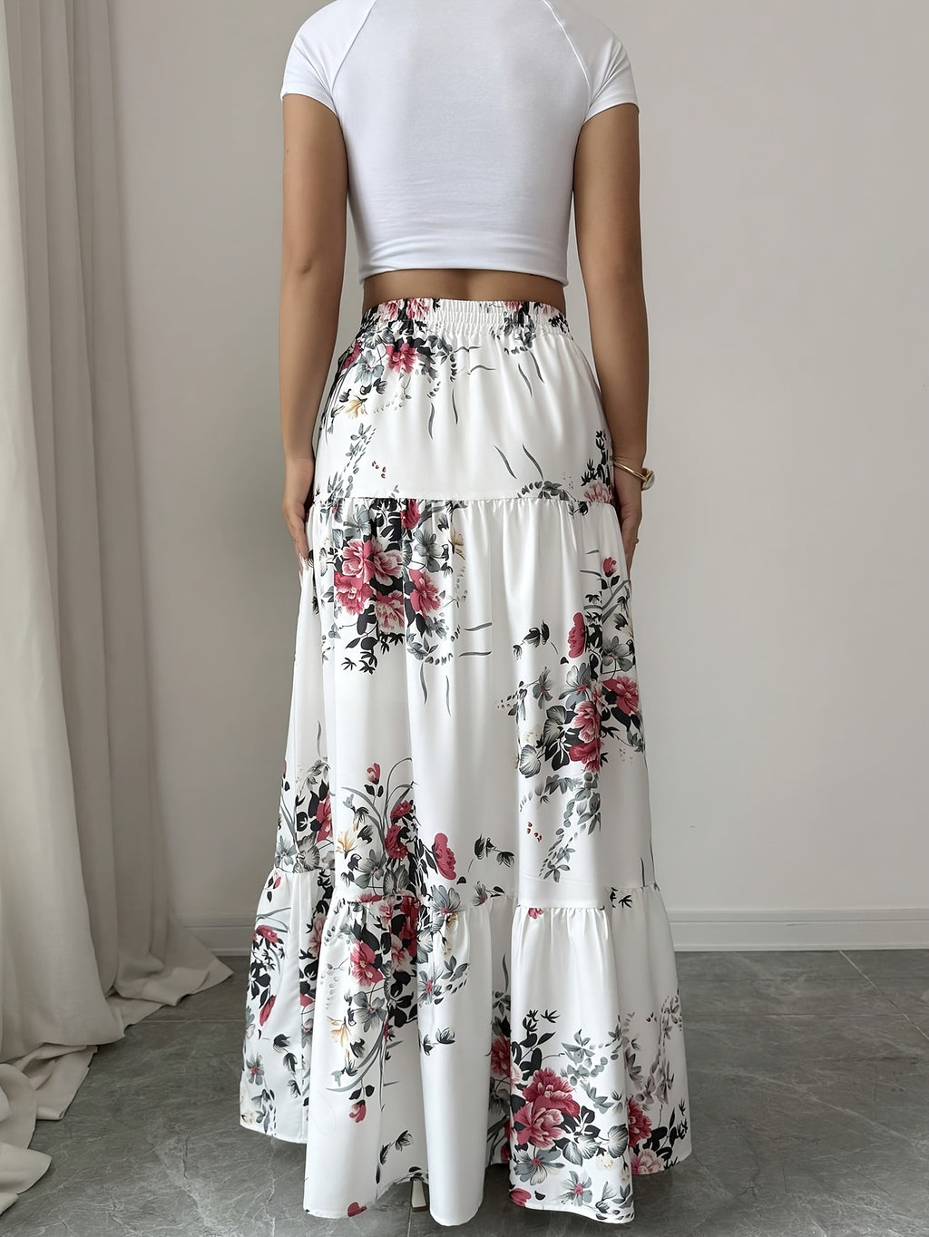 Floral Elastic Waist A-Line Skirt - Polychrome