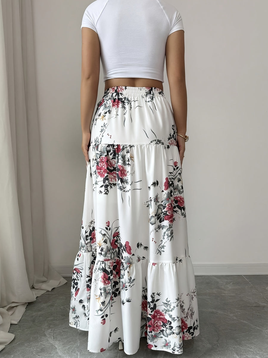 Floral Elastic Waist A-Line Skirt - Polychrome