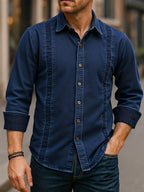 Autumn Men'S Denim Shirt Distressed Handmade Washed Denim Shirt Vintage Long Sleeve Denim Design Casual Leisure Shirt Slim Fit Denim Shirt Handmade Men'S Shirt Business Inner Layer Casual Denim Shirt - Navy Color