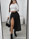 Spring and Autumn Women's High-Waist Pleated Skirt, Waist-Cinching Spicy Style, Versatile,, and Elegant Midi Length - Black