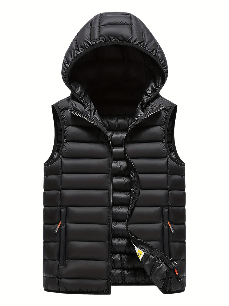 Men'S Slim-Fit Hooded Vest - Lightweight Non-Stretch Jacket, Front Zipper Closure, Side Pockets - Cold Weather Outerwear for Everyday & Formal Events - Fall/Winter, Winter Clothing, Sleek Design, Durable Construction, Stylish Outerwear, Urban Style - Black