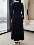 New Autumn Long Sleeve Middle Eastern Style Slim-Fit Sleeveless Waist-Cinching Dress with Metal Buckle Decoration, Long French-Style Light Luxury Commuting and Banquet Dress for Women - Black