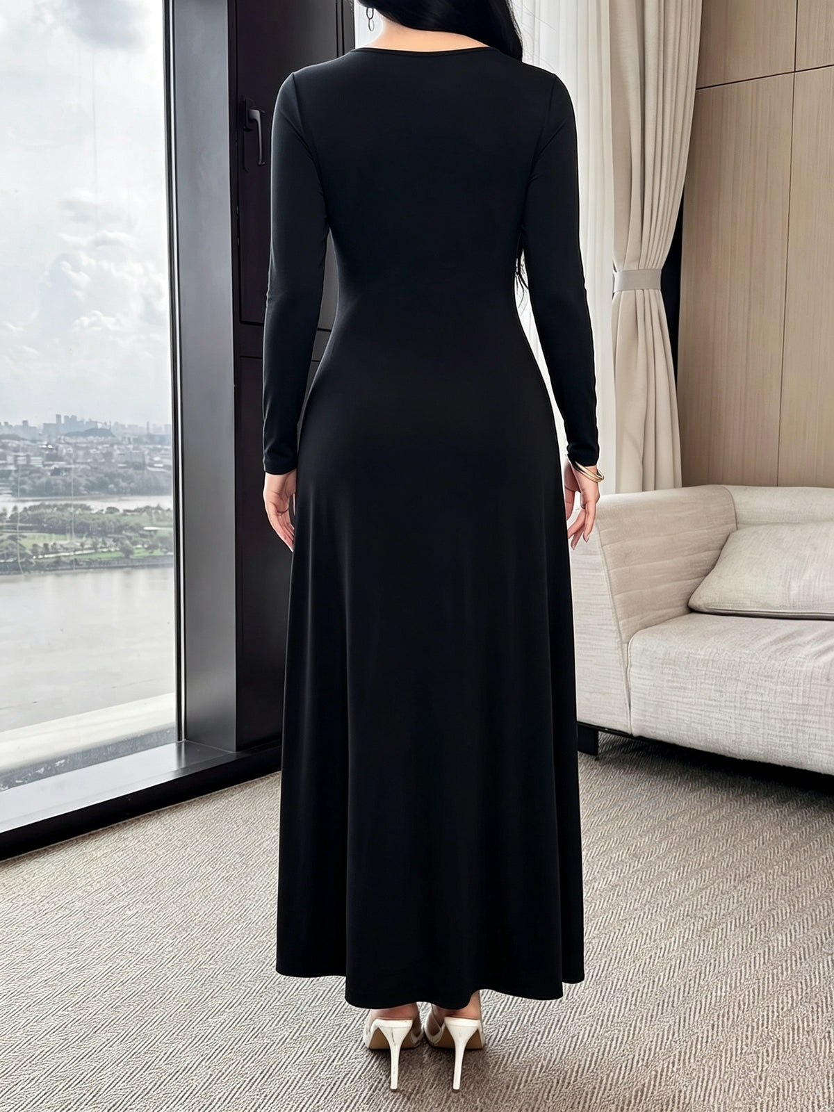 New Autumn Long Sleeve Middle Eastern Style Slim-Fit Sleeveless Waist-Cinching Dress with Metal Buckle Decoration, Long French-Style Light Luxury Commuting and Banquet Dress for Women - Black