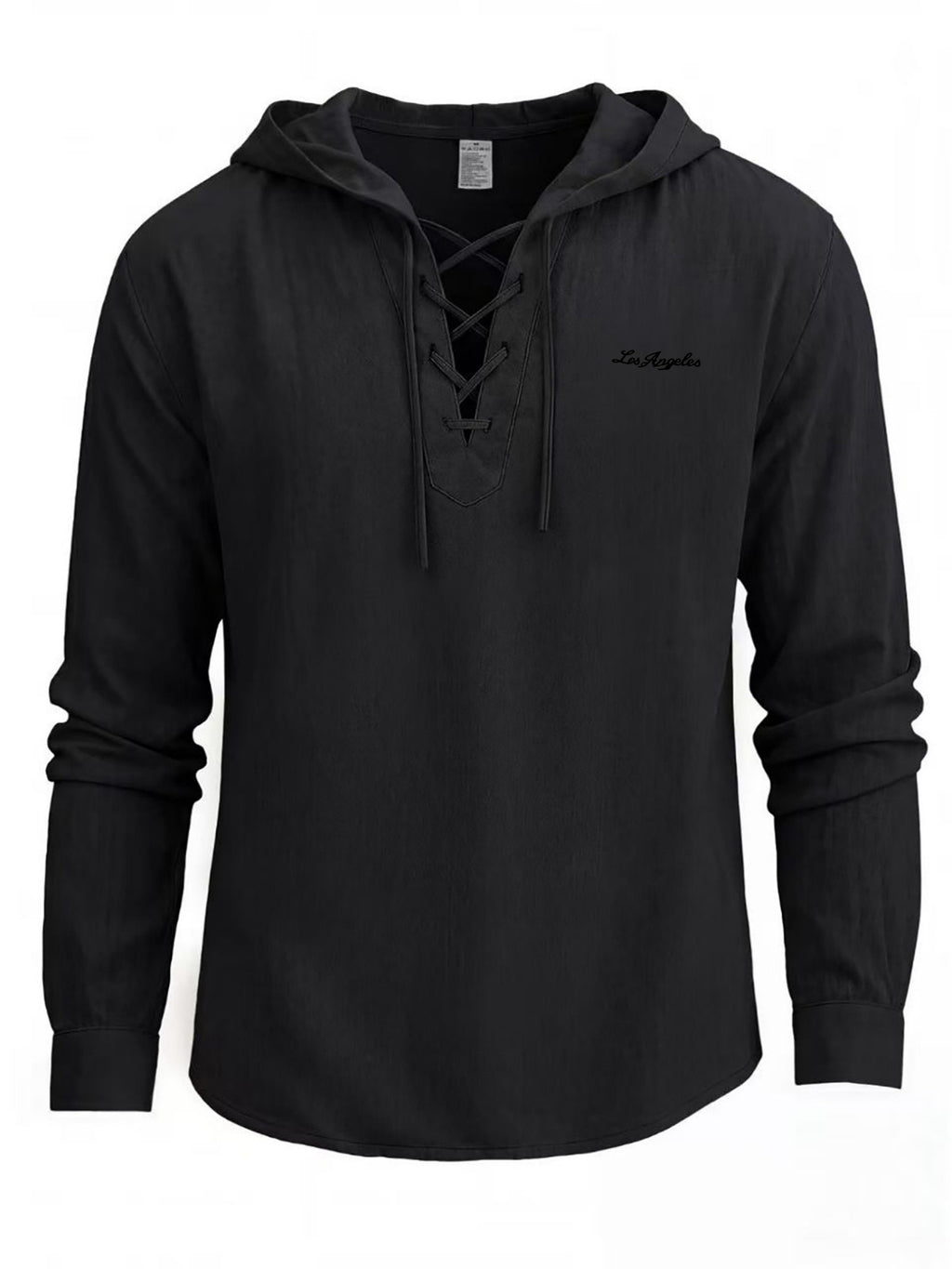 Men'S Linen Shirt, Multi-Scene Versatile Hooded Drawstring Long Sleeve Style, V-Neck Cross-Tie Rich Design Detail, Small Floral Los Angeles Print Easy Accent Shirt, Adjustable Drawstring, Suitable for Home And Outings, Casual Dates, And Leisure - Black