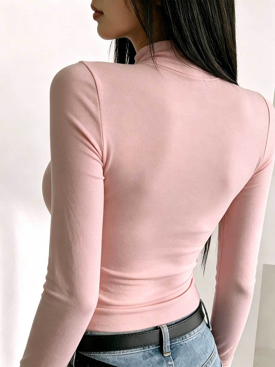 Women's Simple and Trendy Warm Long-Sleeve Half-Turtleneck Inner Layer Base Top, Popular Milan Print Pattern, New Spring, Autumn, and Winter Casual Youthful and Stylish Long-Sleeve Top, Fashionable and Elegant Slim-Fit Design for Layering - pink