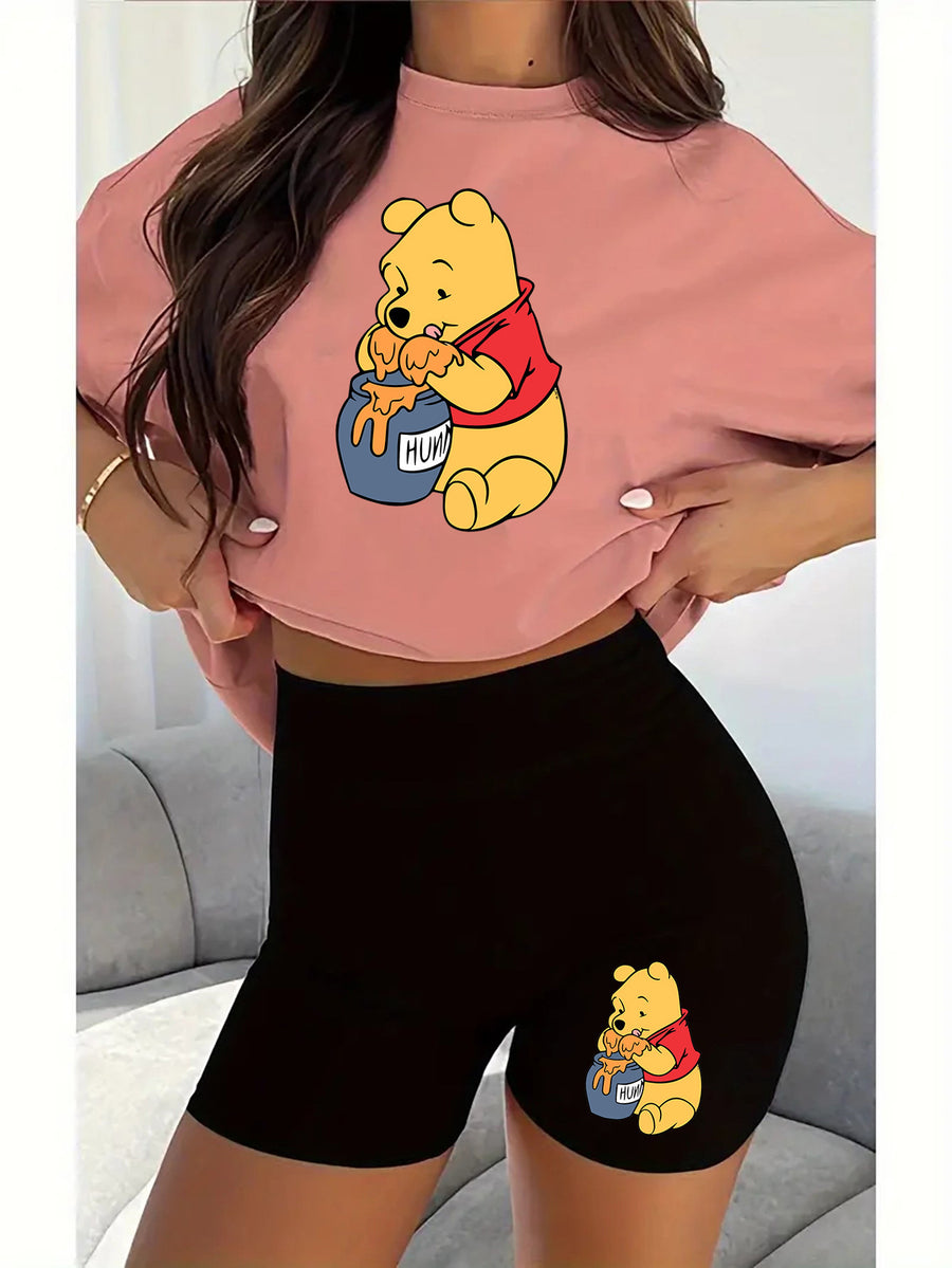 Women'S Disney-Themed T-Shirt Set Featuring a Casual Round Neck And Short Sleeves with a Winnie The Pooh Print, Perfect for Everyday Wear Or As a Gift. Ideal for Daily Outfits, Trendy Casual Wear - Peach