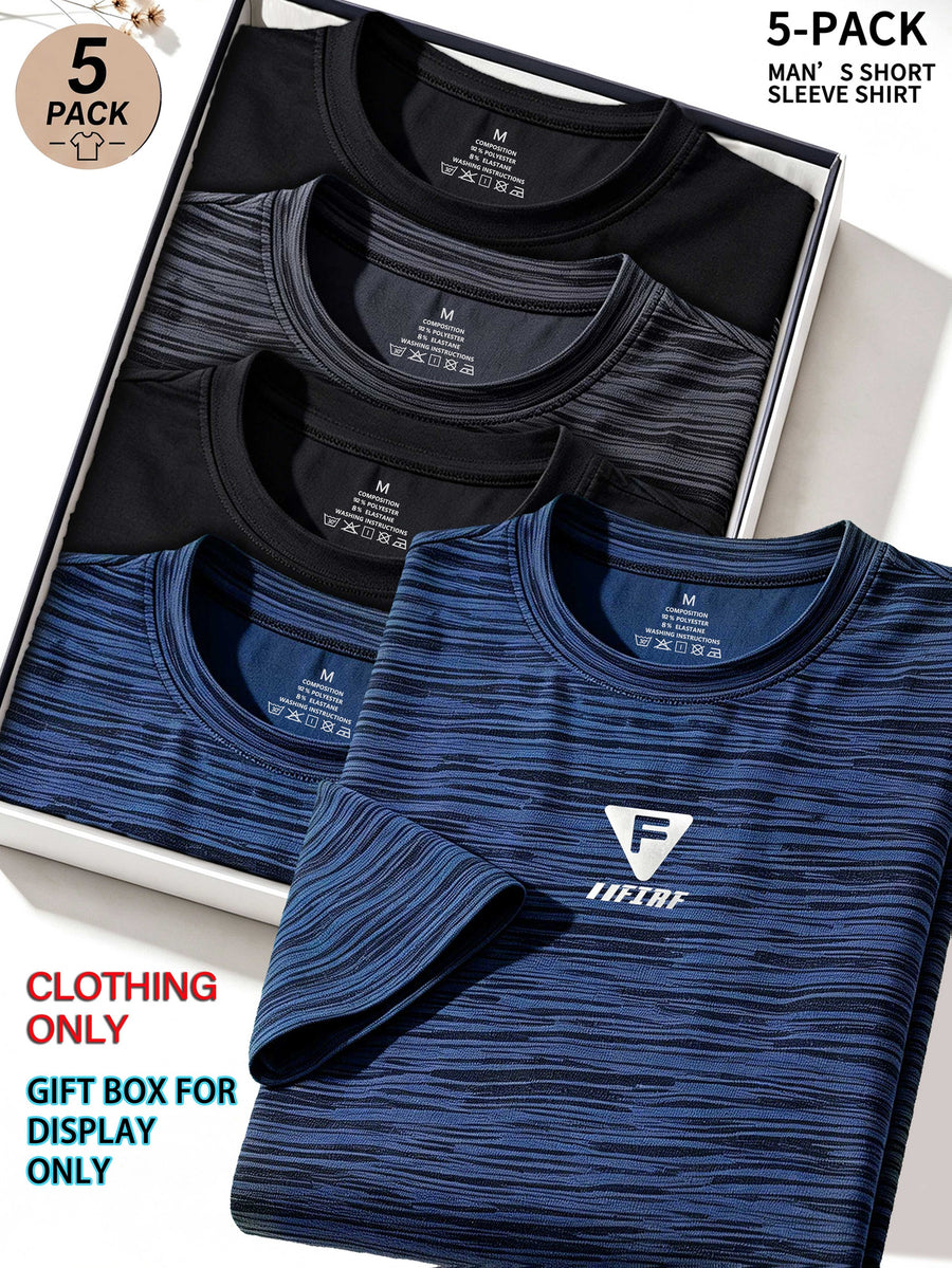 5pcs Men's Sports & Fitness Breathable Quick-Dry T-Shirts, Outdoor Travel Casual Running Printed Short-Sleeve Tees, Easy to Clean and Maintain, Lightweight T-Shirts for Daily Leisure and Gatherings, Classic Crew Neck Shirts - Dark Blue + Black + Dark Blue + Black + Dark Gray