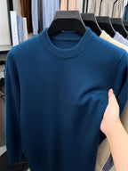 [Wading Whale OBM] 1pc Spring/Autumn New Men'S Knit Pullover Sweater, Old Money Style Solid Color Striped Round Neck Long Sleeve Knit Pullover for Men, Business Casual Fashion Striped Sweater, Suitable for Spring, Autumn - Ha Qing