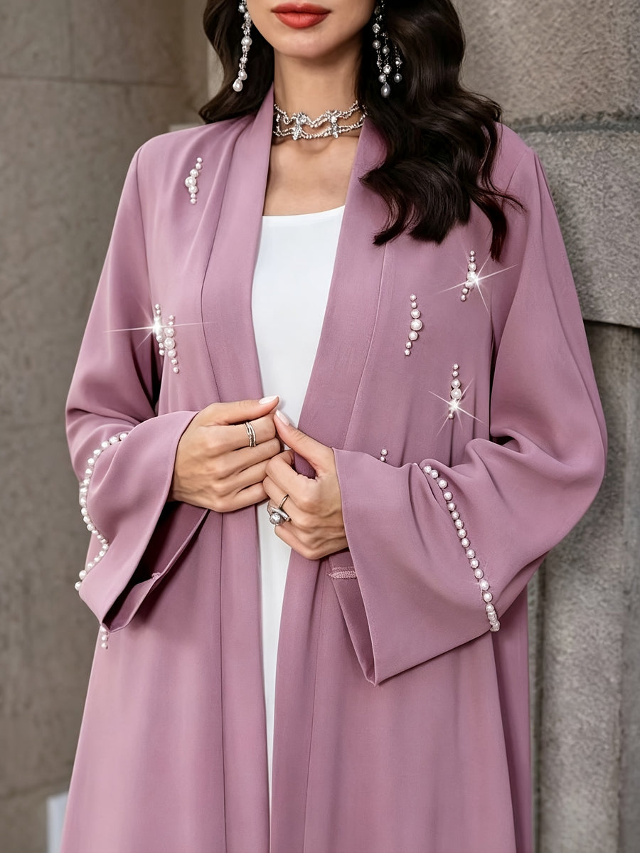 1pc Women Open Front Abaya Cardigan, Elegant Pearl Rhinestone Embellished Long Sleeve Maxi Outerwear, Modest Islamic Dubai Style Abaya Coat for Party Evening - Pale Pinkish Gray