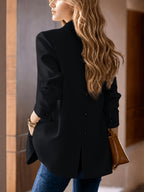 Fashionable Women's Elegant Blazer with Stylish Casual Back Center Slit Design, Solid Color Lapel, Single-Breasted Suit Jacket - Black