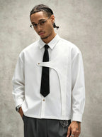 Men's White Long-sleeve Shirt with an Academic-style Design, Featuring a Detachable Tie. This Loose-fit, Dropped-shoulder Uniform Shirt Is a Minimalist Casual Shirt in a Niche Style, Suitable for Daily Outings, Outdoor Commuting, Back-to-school - White
