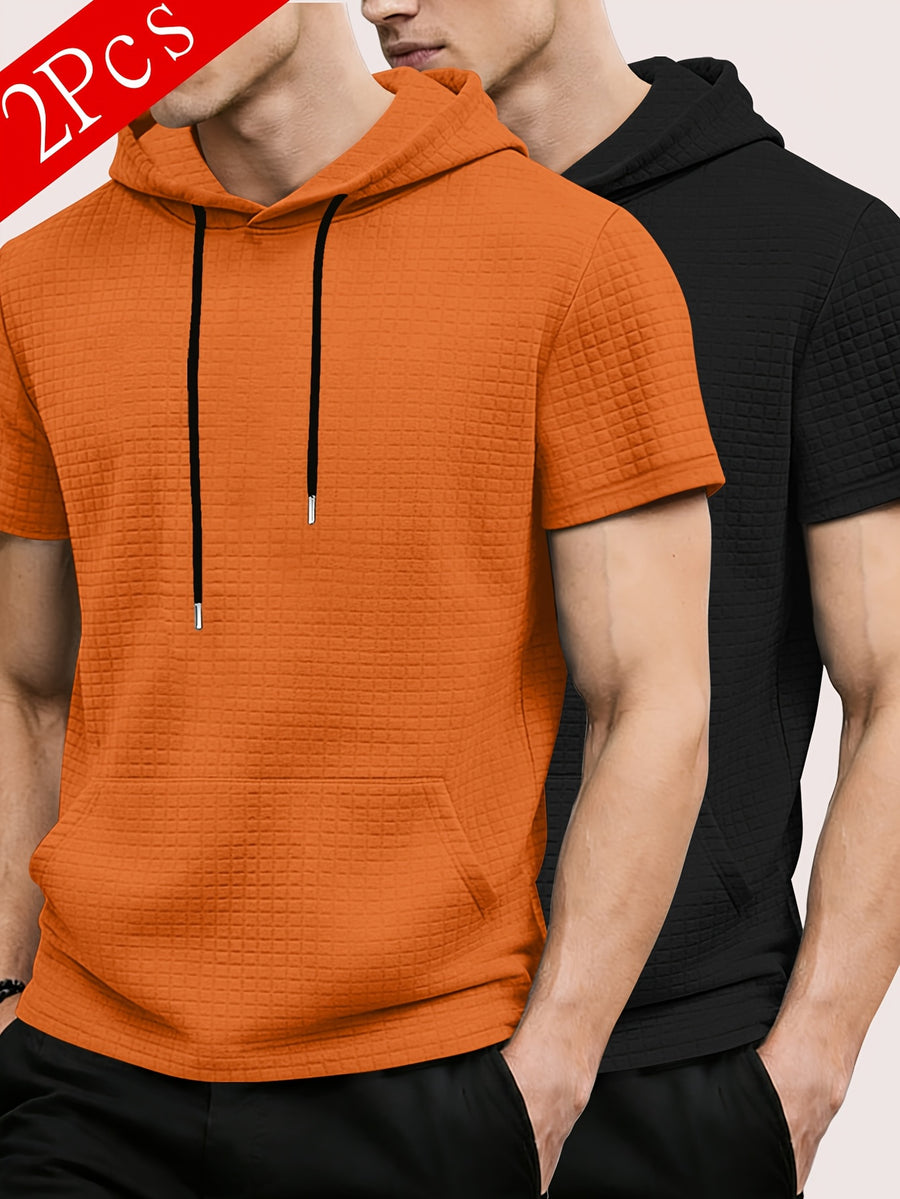 2pcs Men's Waffle Knit Short-Sleeve Hoodie with Kangaroo Pocket, Soft and Breathable Fabric, Multiple Color Options, Versatile, Simple, Stylish, and Casual for Daily Wear or Sports, a Great Choice for Holiday Gifts for Fathers, Partners, and Friends - Orange-Red+Black