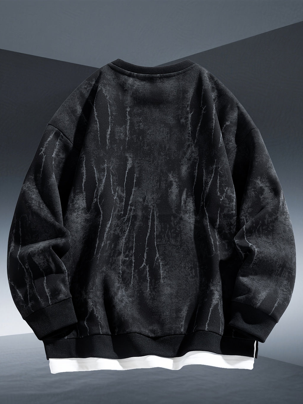 Autumn And Winter New Men'S Trendy Round Neck Sweatshirt, 320 Gram Blend Tie-Dye Sweatshirt, Fashionable Fake Two-Piece Pullover - Black