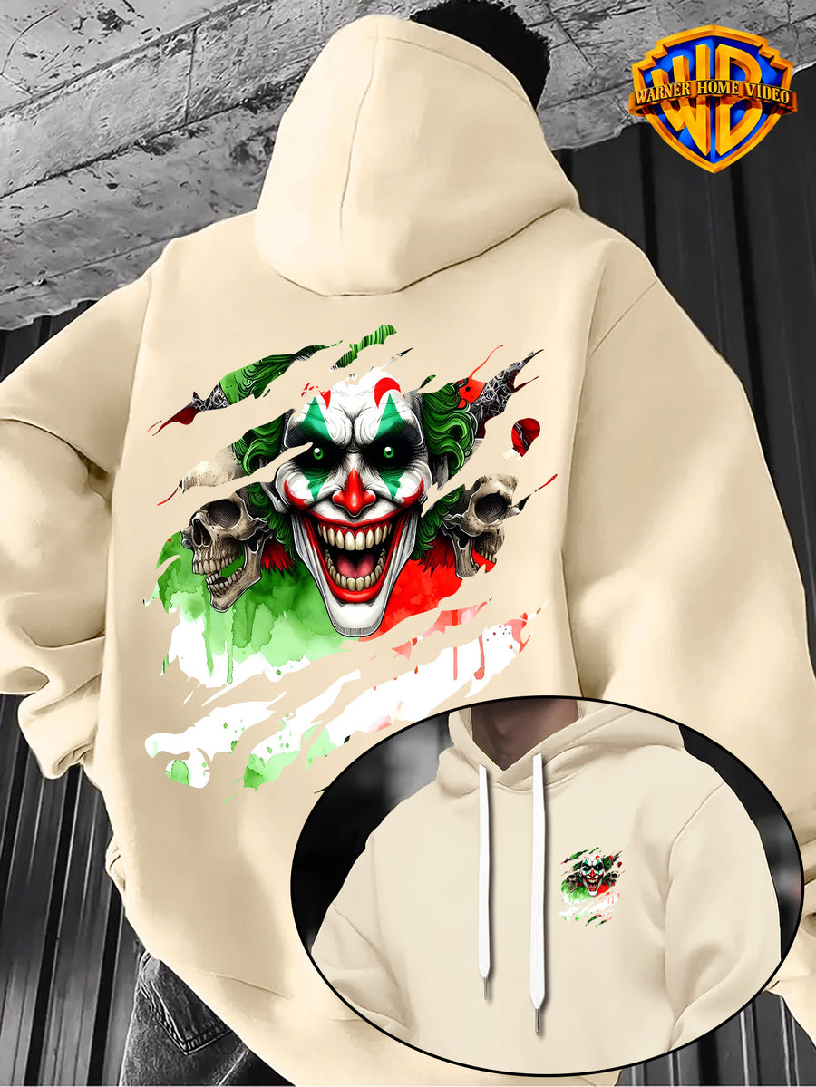 [Officially Licensed by Warner Bros] 1pc, Street Ripped Texture Dark Skull Clown Portrait Casual Hoodie - Men'S Fashion Sweatshirt, Adjustable Drawstring Loose Comfortable Hoodie, Suitable for Daily And Outdoor Wear - Apricot