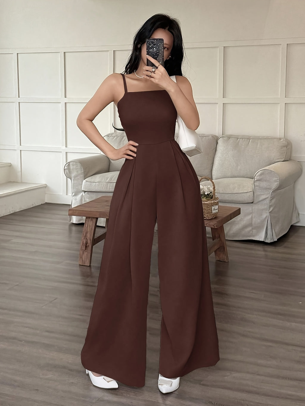 Wide-Leg Loose Solid Color with Ruched Design, Suitable for Summer Women'S Casual Wear - Coffee Color
