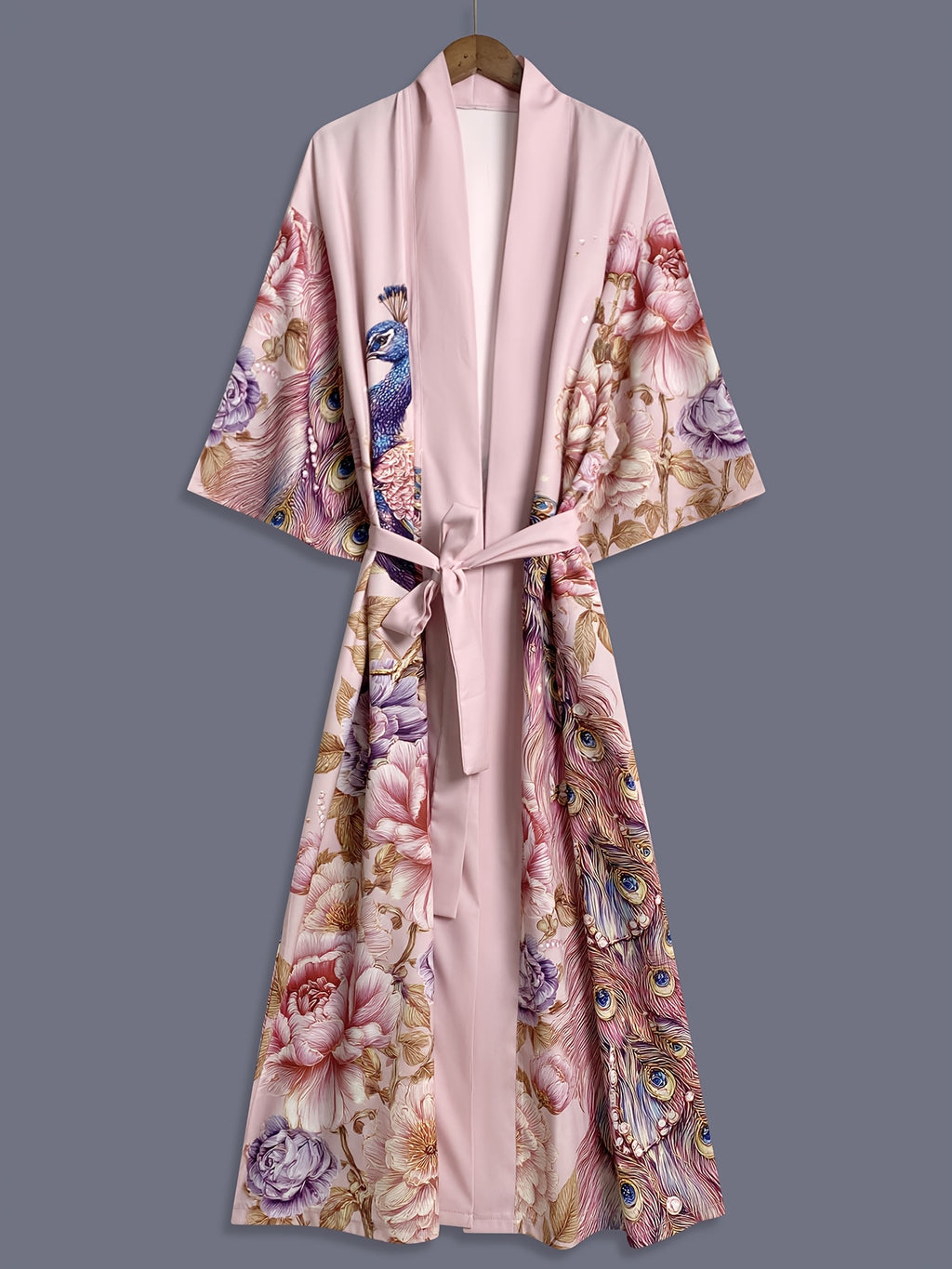 Japanese Peacock Pink Floral Print Mid-Length Kimono Cardigan Thin Jacket Women'S Western Elegant Party Ethnic Style Spring Summer Street Casual Cover-Up Outerwear Beach Travel Thin Shawl Coat Bathrobe Dress Robe Blouse - Pink Color