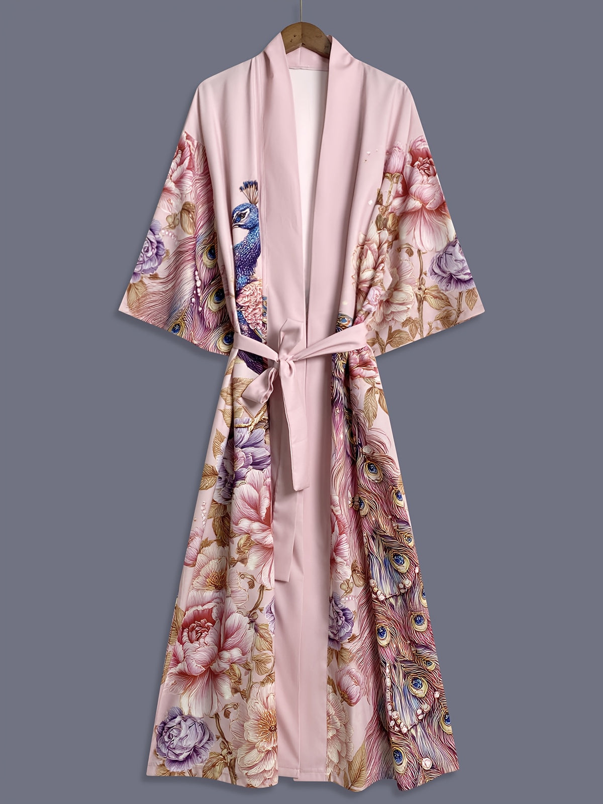 Japanese Peacock Pink Floral Print Mid-Length Kimono Cardigan Thin Jacket Women'S Western Elegant Party Ethnic Style Spring Summer Street Casual Cover-Up Outerwear Beach Travel Thin Shawl Coat Bathrobe Dress Robe Blouse - Pink Color