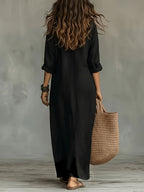 Women'S Spring Summer Autumn Bohemian Solid Color Semi-Open Neck Lapel Long Shirt, Casual Button-Up Relaxed Style Long Sleeve Shirt Dress, Breathable Beach Vacation, Travel, Daily Wear Long Shirt Dress - Black