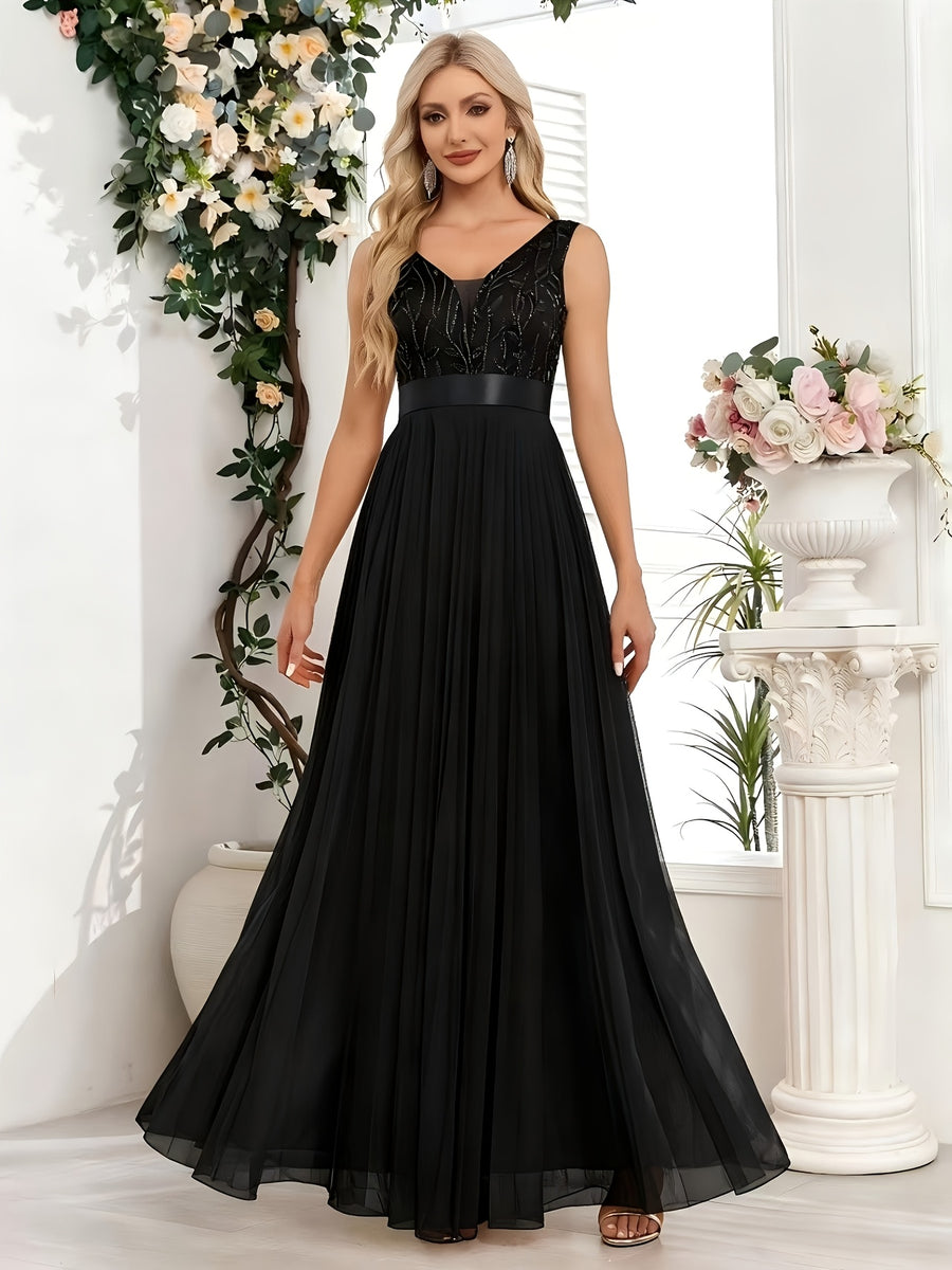 Fashionable Sexy New Women'S Sequin Mesh Patchwork A-Line Party Dress - Black