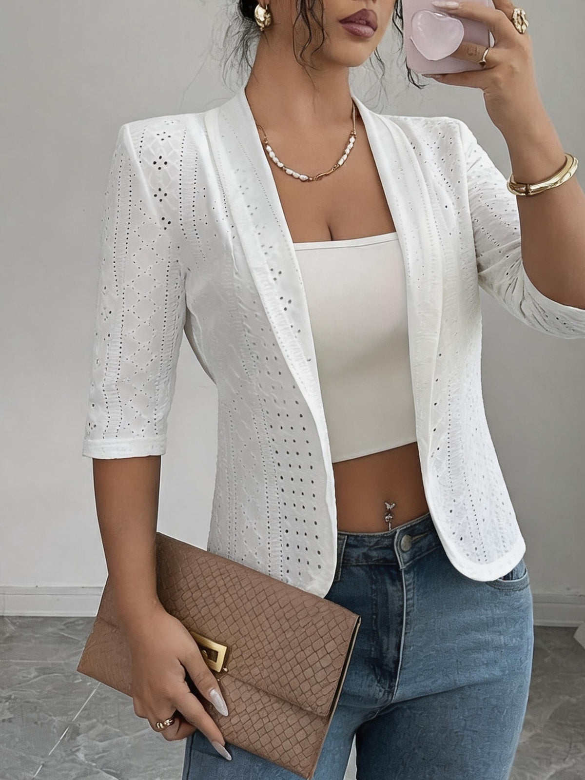 Elegant Women'S Spring And Autumn Fashion Coat with Solid Color, Short Sleeves, Open Front, Eyelet Embroidery, And Lightweight Cardigan - White