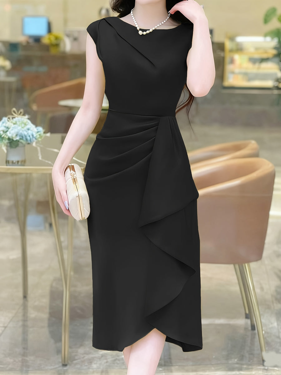 Spring-Summer Pleated Asymmetrical Elegant Design Women's Dress Gown - Black