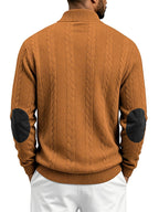 Men'S Casual Long Sleeve Knit Sweater, Textured Cable And Diamond Pattern, Stand Collar with Button Placket, Contrast Elbow Patch Details, Ribbed Cuffs And Hem, Ideal for Fall Winter Work, Travel, Golf And Daily Wear - Bronze