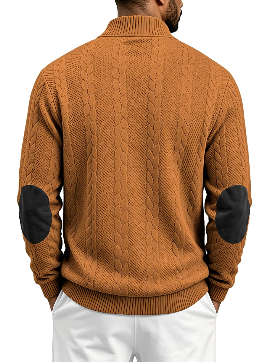 Men'S Casual Long Sleeve Knit Sweater, Textured Cable And Diamond Pattern, Stand Collar with Button Placket, Contrast Elbow Patch Details, Ribbed Cuffs And Hem, Ideal for Fall Winter Work, Travel, Golf And Daily Wear - Bronze