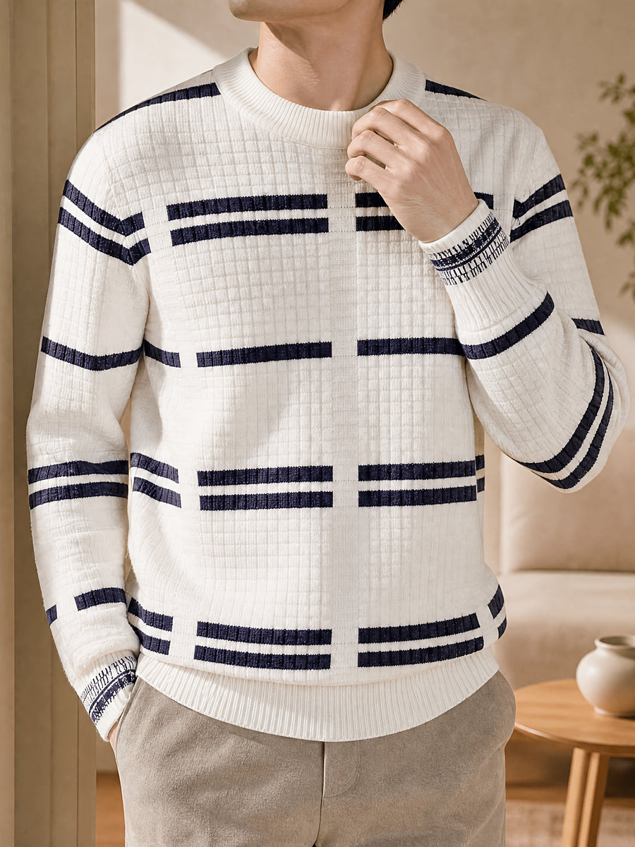 1pc Du Jing Lan OBM Men's Knit Sweater - Old Money Style Contrast Color Striped Crew Neck Sweater, Business Casual Striped Pullover Suitable for Layering, Golf, Basketball, Outdoor & Daily Wear, Belt-Free Warm Sweater for Spring/Autumn/Winter - White