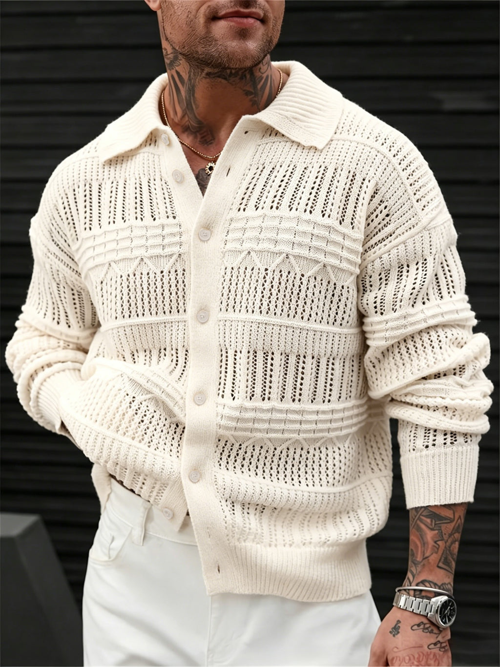 JANE DRESSINGLOG Men's American Casual Retro Flared Knit Cardigan, Openwork Jacquard Texture Single Row Button Loose Breathable Long Sleeve Lightweight Sweater for Spring and Autumn Daily Outings and Vacation Wear - Apricot