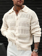 JANE DRESSINGLOG Men's American Casual Retro Flared Knit Cardigan, Openwork Jacquard Texture Single Row Button Loose Breathable Long Sleeve Lightweight Sweater for Spring and Autumn Daily Outings and Vacation Wear - Apricot