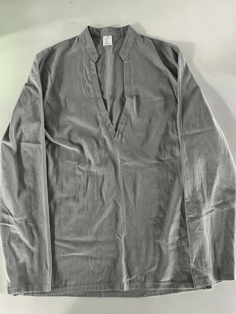 Men's Stand-Up V-Neck Half-Open Placket Linen Long-Sleeve Shirt, Solid Color Basic Style, Suitable for Beach Vacations, Daily Outings, and Casual Gatherings, Can Be Worn Alone or as an Inner Shirt - Grey