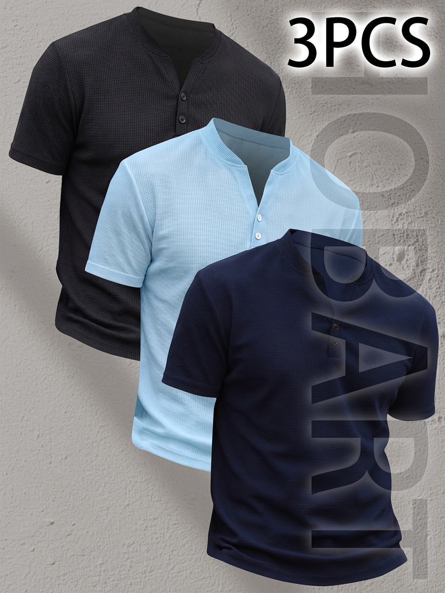 3pcs Men'S Henley Short Sleeve T-Shirts - Breathable Waffle Knit Summer Casual Tees with Button Front, Solid Color Round Neck, Machine Washable for Outdoor & Casual Wear, Stylish Button Detail, Lightweight Fabric, Easycare Material - Type 15