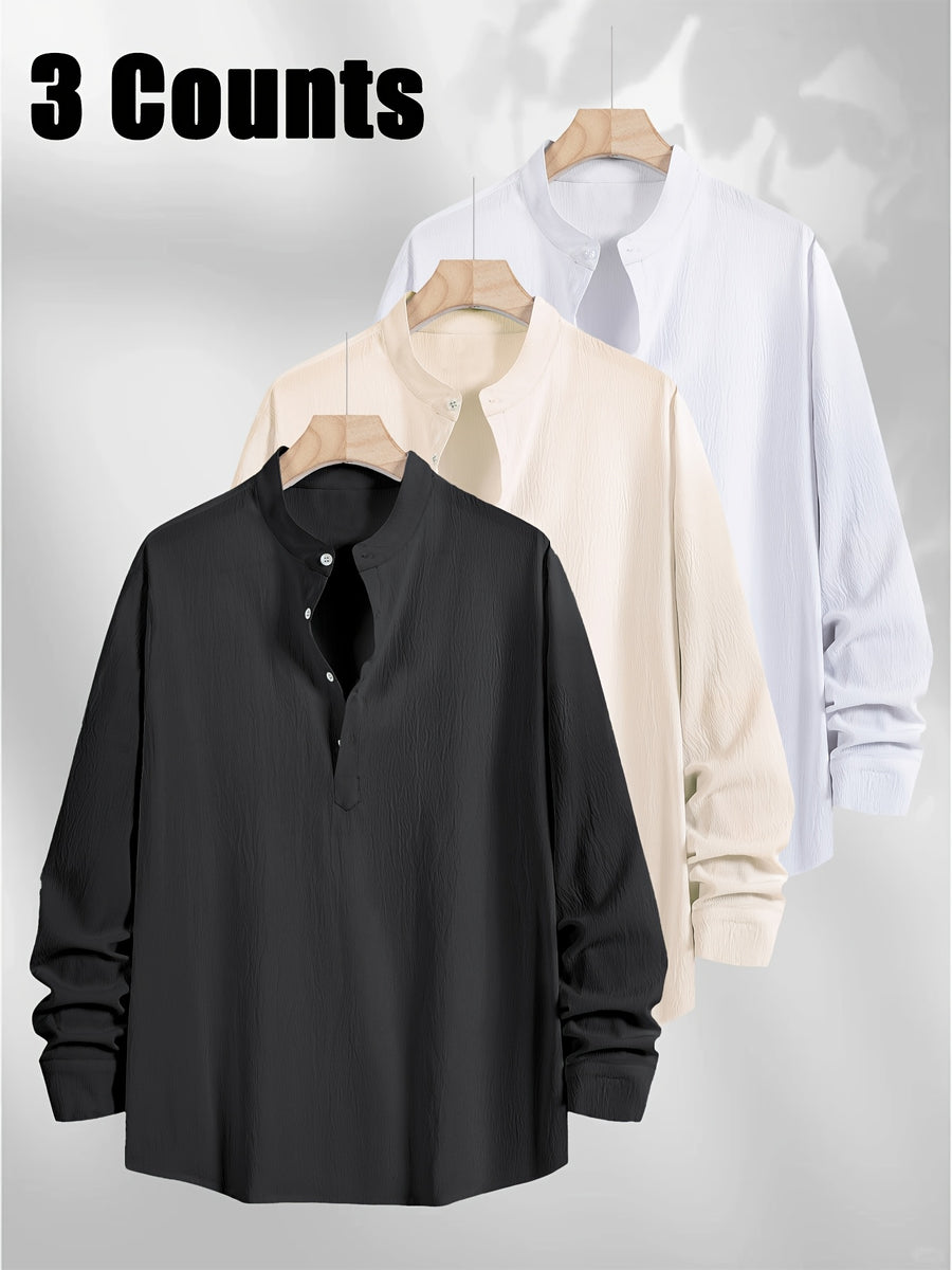 3pcs Men's Textured Slim-Fit Vacation Shirts - Long Sleeve & Short Sleeve Multi-pc, Stand Collar Button- Cuff Shirt Convertible to Short Sleeve, Breathable All-Season Hawaiian Casual Shirt Lightweight, Fashionable Minimalist for Beach Travel Vacation - Black+khaki+white