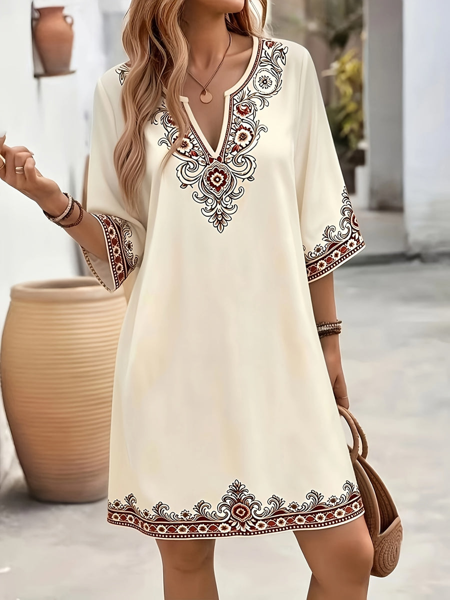 Fashionable Elegant Bohemian Ethnic Style Printed V-Neck Short Sleeve Loose Casual Dress - Apricot