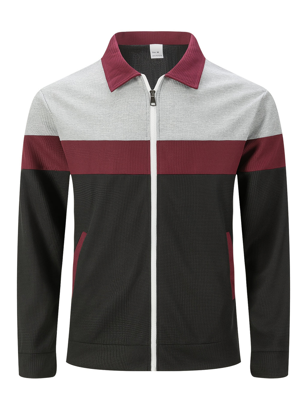 Men'S Waffle Checkered Color-Block Zipper Jacket, Lapel Contrast Patchwork Side Pockets, Spring Autumn Casual Loose Coat - Burgundy