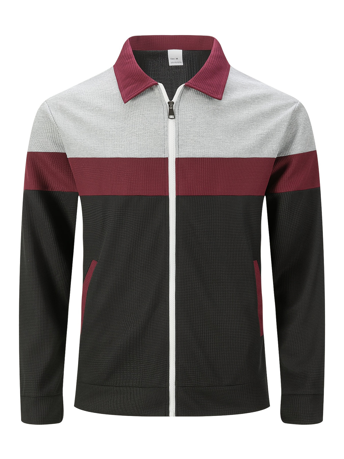 Men'S Waffle Checkered Color-Block Zipper Jacket, Lapel Contrast Patchwork Side Pockets, Spring Autumn Casual Loose Coat - Burgundy